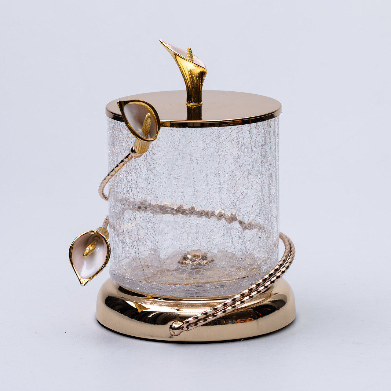 Цукерниця скляна 14×20 см з квітковим металевим декором цукерниця з кришкою