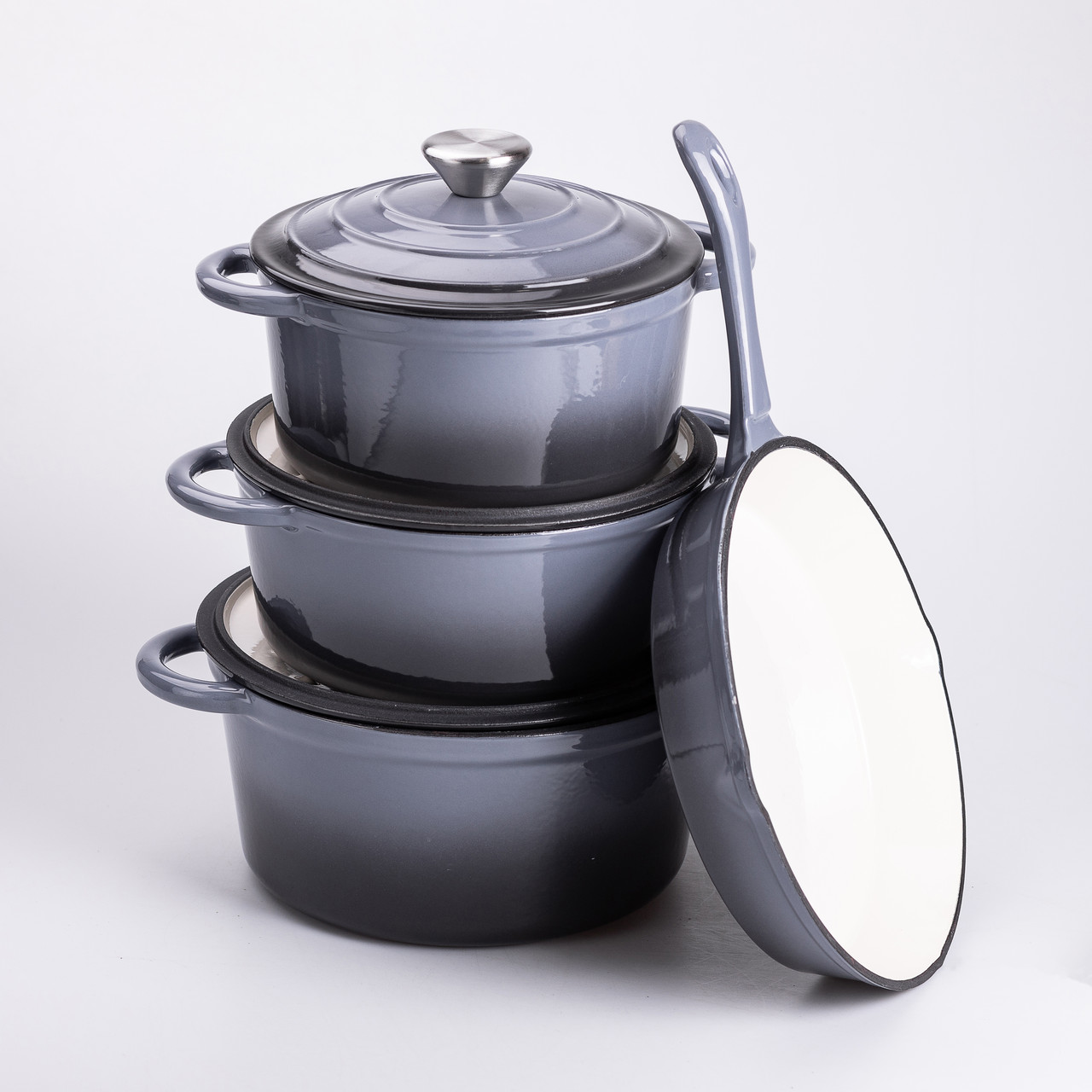 Набір чавунного посуду для приготування 3 каструлі та сковорода з емальованим покриттям Сірий HP-1-5