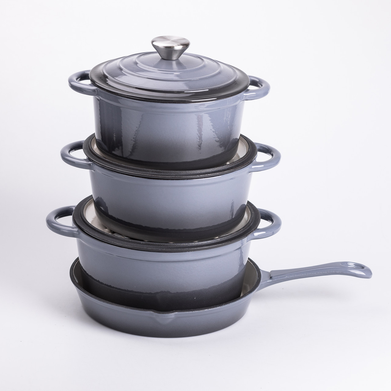 Набір чавунного посуду для приготування 3 каструлі та сковорода з емальованим покриттям Сірий HP-1-5