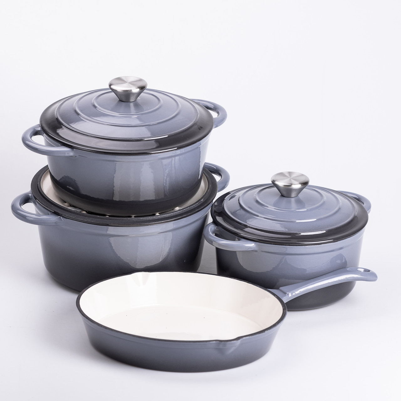 Набір чавунного посуду для приготування 3 каструлі та сковорода з емальованим покриттям Сірий HP-1-5