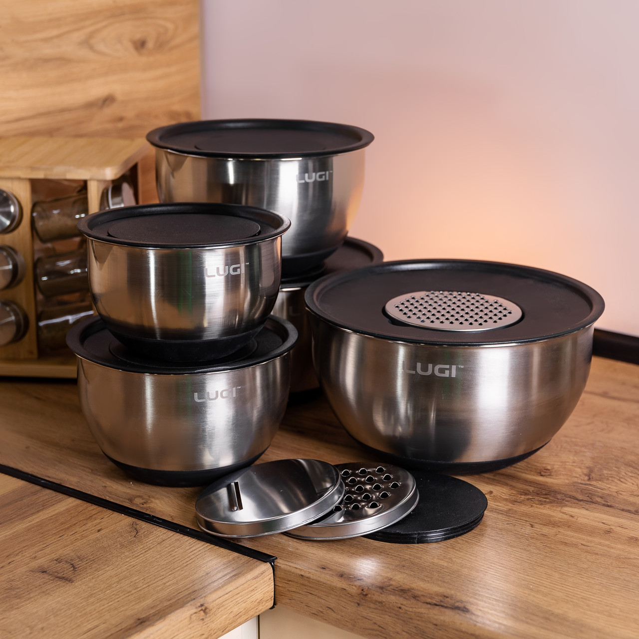 Набір мисок з нержавіючої сталі 5 штук з кришками і терками салатники з нержавійки 5/4/ 2.5/2/1.5 л