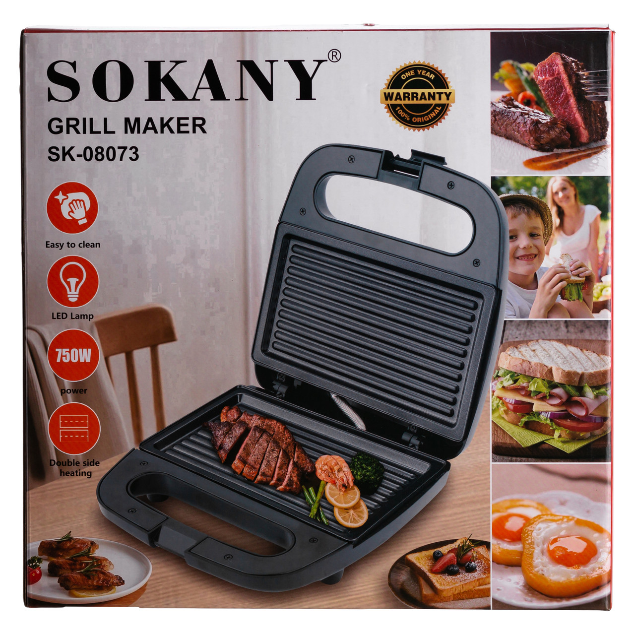 Електрогриль притискний з антипригарним покриттям 750 Вт Sokany SK-08073