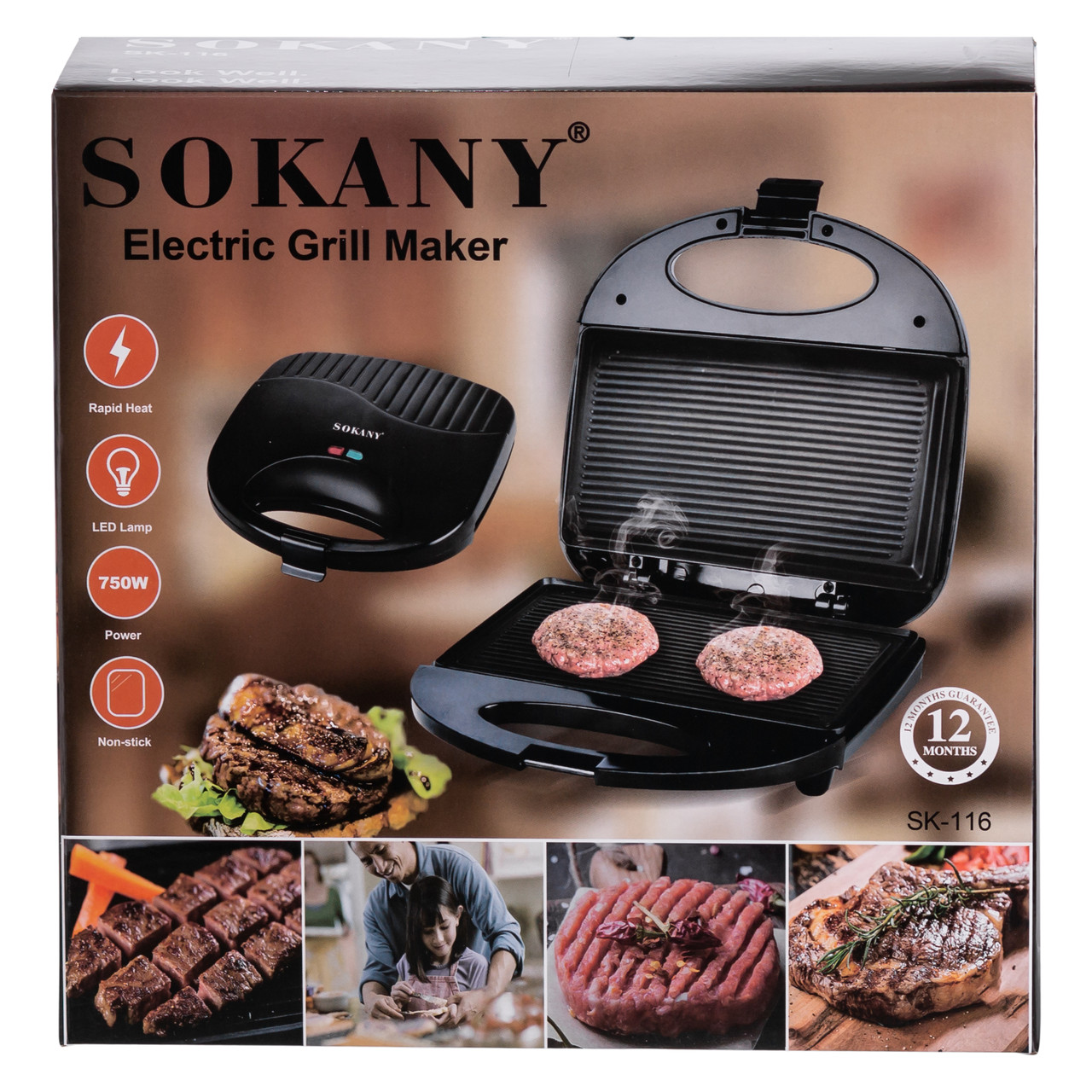 Електрогриль з антипригарним покриттям, термостатом і захистом від перегріву 750 Вт Sokany SK-116