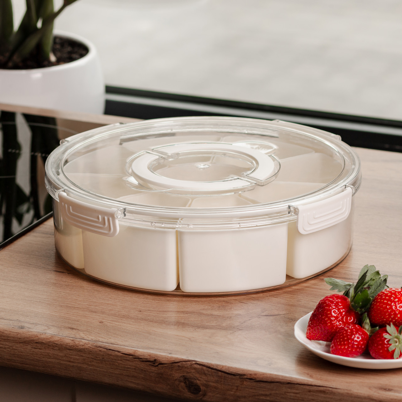 Контейнер для їжі з 9 відсіками пластиковий Ø29 см харчовий контейнер для зберігання їжі 3.5 л Бежевий HP-27-14