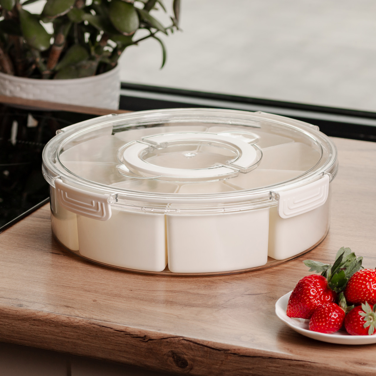 Контейнер для їжі з 9 відсіками пластиковий Ø29 см харчовий контейнер для зберігання їжі 3.5 л Бежевий HP-27-14