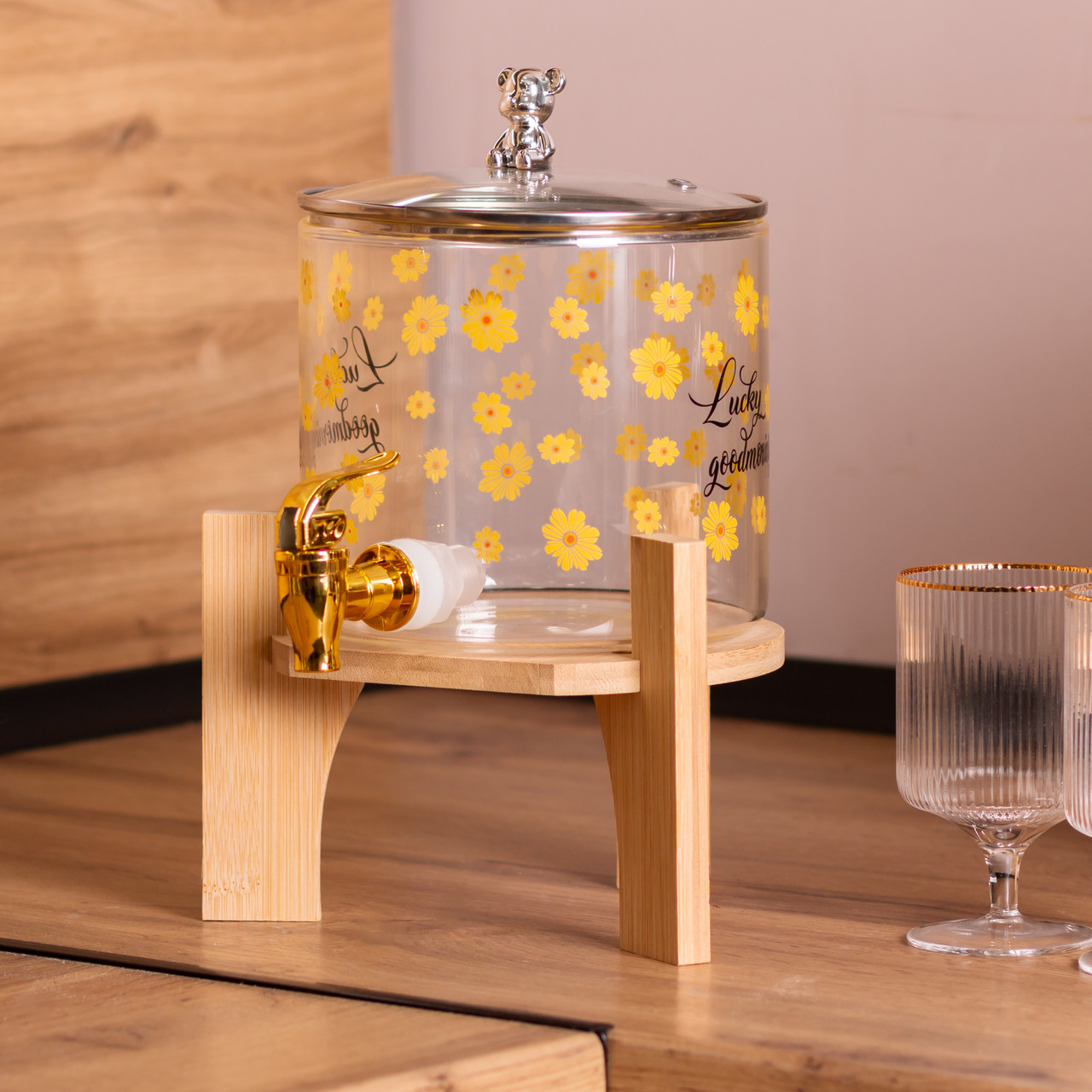 Лимонадниця з краном на дерев'яній підставці 2.6 л скляна лимонадниця диспенсер для напоїв HP-34-16