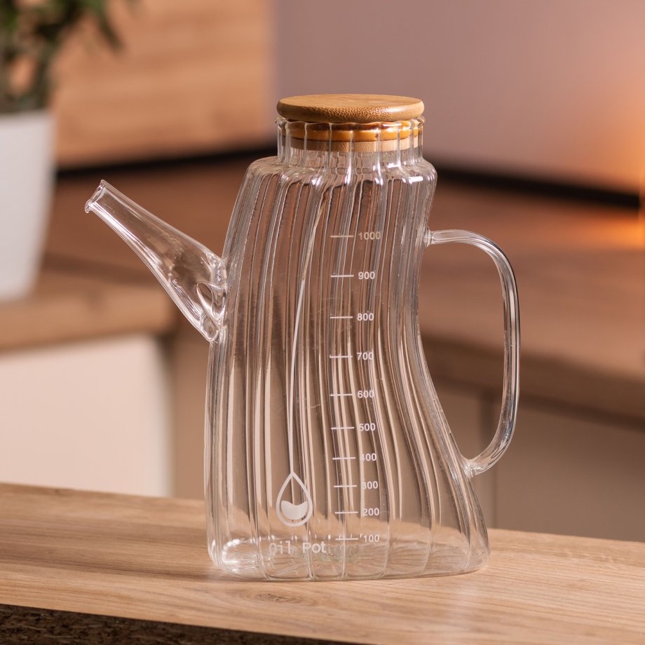 Скляна пляшка для олії 1 л HP-34-3 з ручкою та бамбуковою кришкою HP-34-3