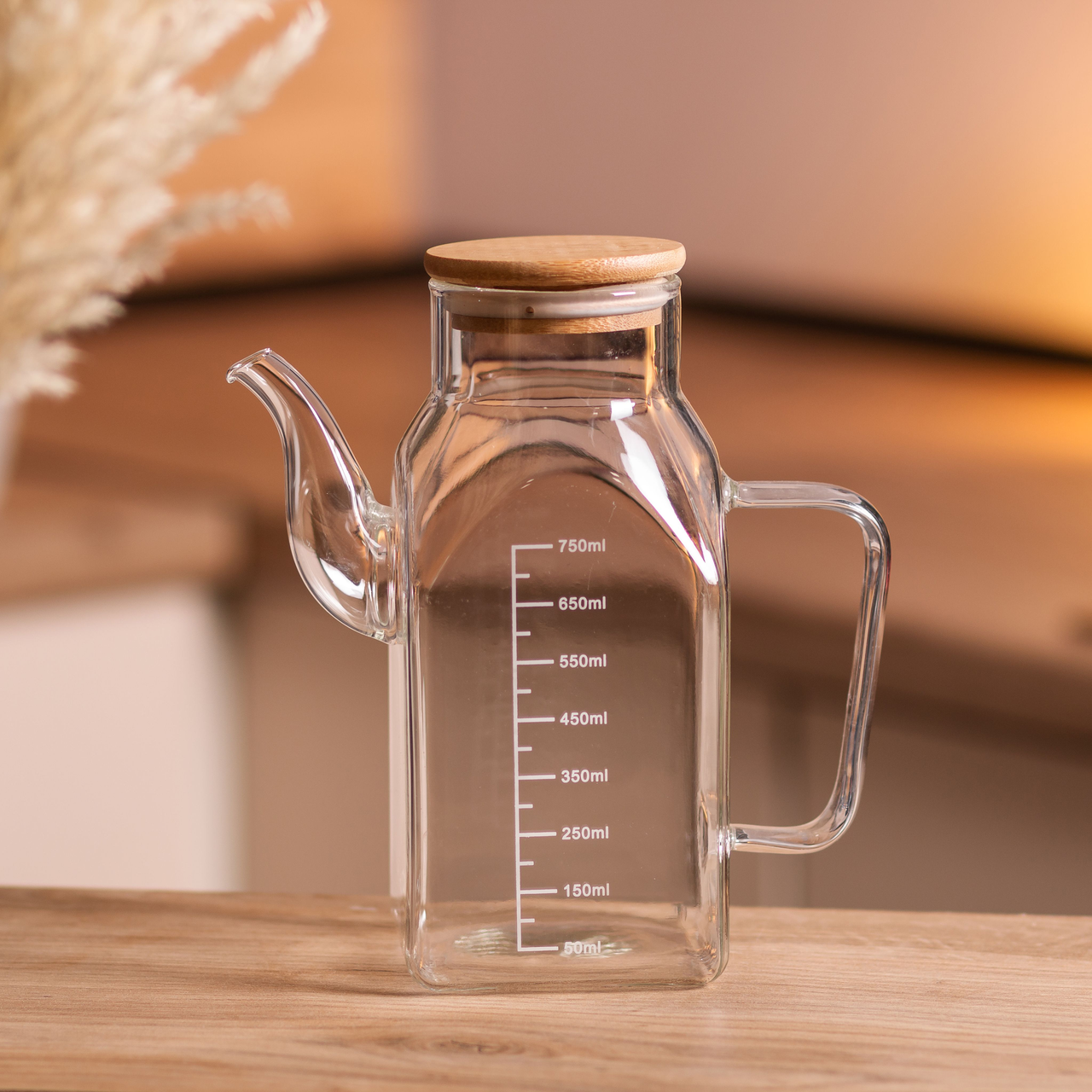 Скляна пляшка для олії 750 мл з ручкою та бамбуковою кришкою HP-34-4