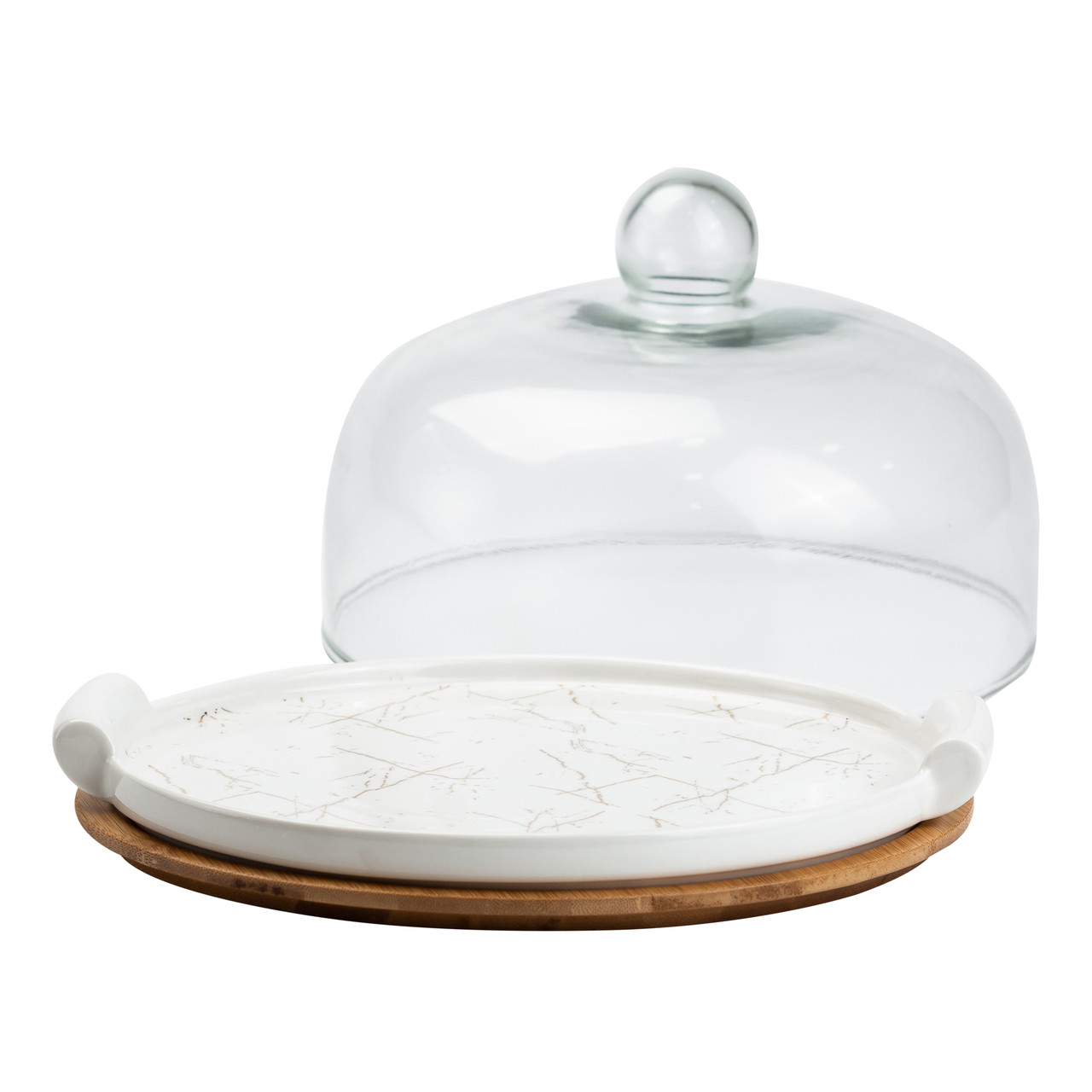 Керамічна тортівниця зі скляною кришкою на бамбуковій підставці HP1203