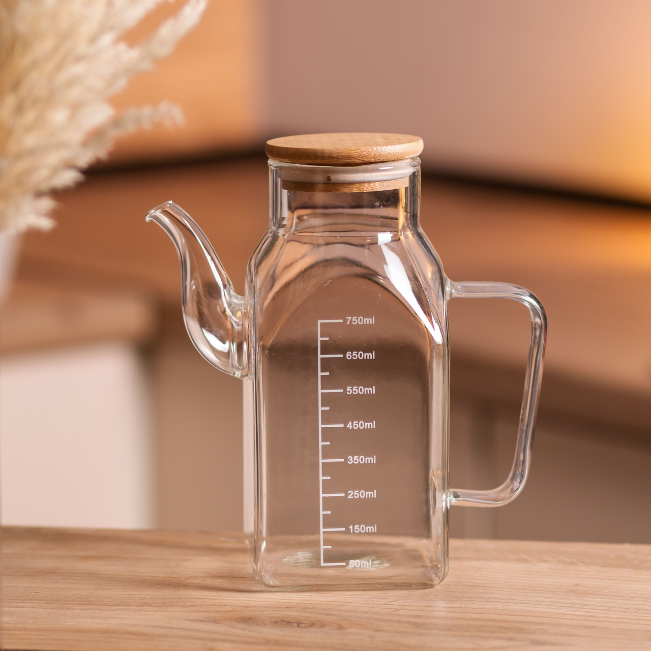 Ємність для олії та оцту з бамбуковою кришкою 750 мл скляний чайник для оливкової, соняшникової олії HP-34-1