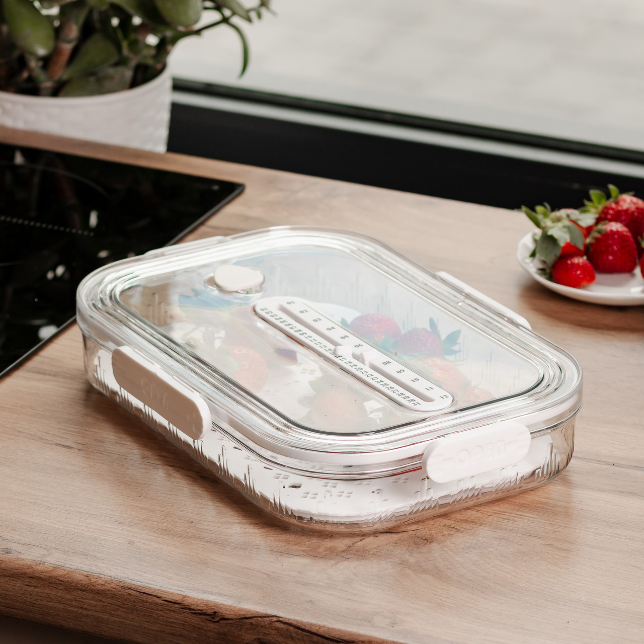 Контейнер для їжі пластиковий 32.5х22.5х6 см з індикатором дати та регулюванням вологості харчовий контейнер Білий HP-27-6