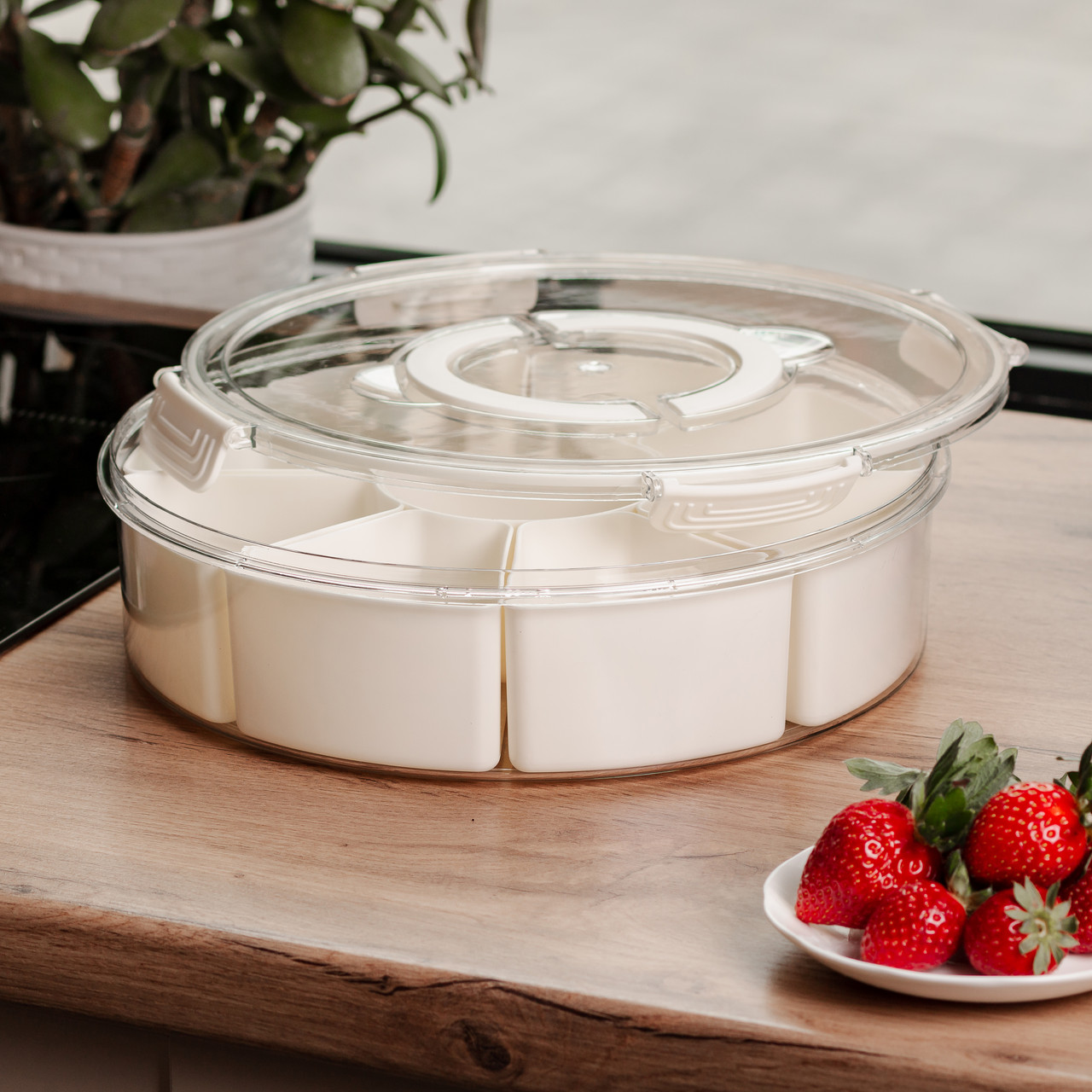 Контейнер для їжі з 9 відсіками пластиковий Ø29 см харчовий контейнер для зберігання їжі 3.5 л Бежевий HP-27-14