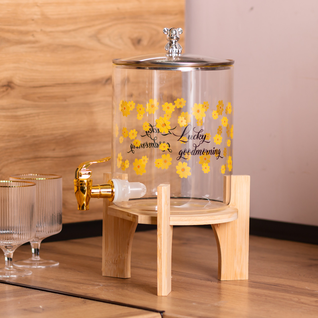 Лимонадниця з краном на дерев'яній підставці 3.6 л скляна лимонадниця диспенсер для напоїв HP-34-17