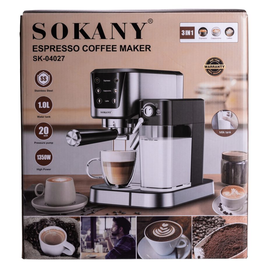 Кавоварка рожкова 3в1 з капучинатором 1350 Вт  бак 1 л Sokany SK-04027
