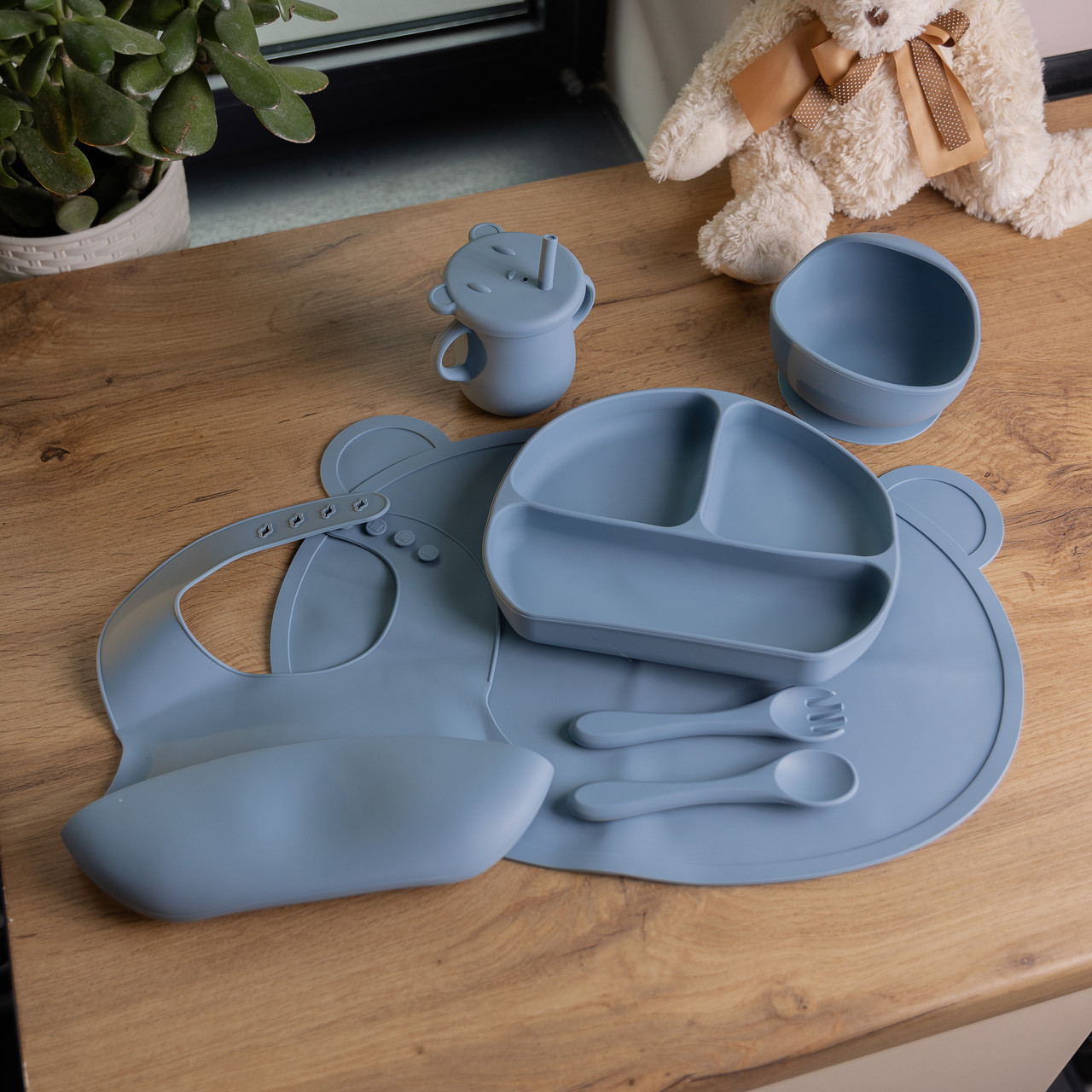 Дитячий набір силіконового посуду 7 предметів Синій HP34546BL