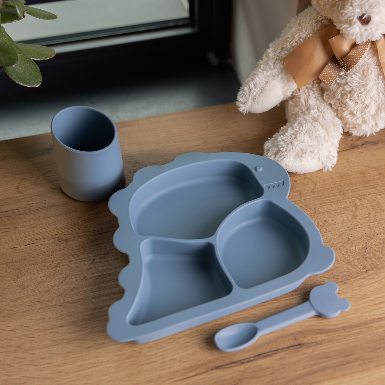 Дитячий набір силіконового посуду чашка/тарілка з трьома секціями/ложка Синій HP34545BL