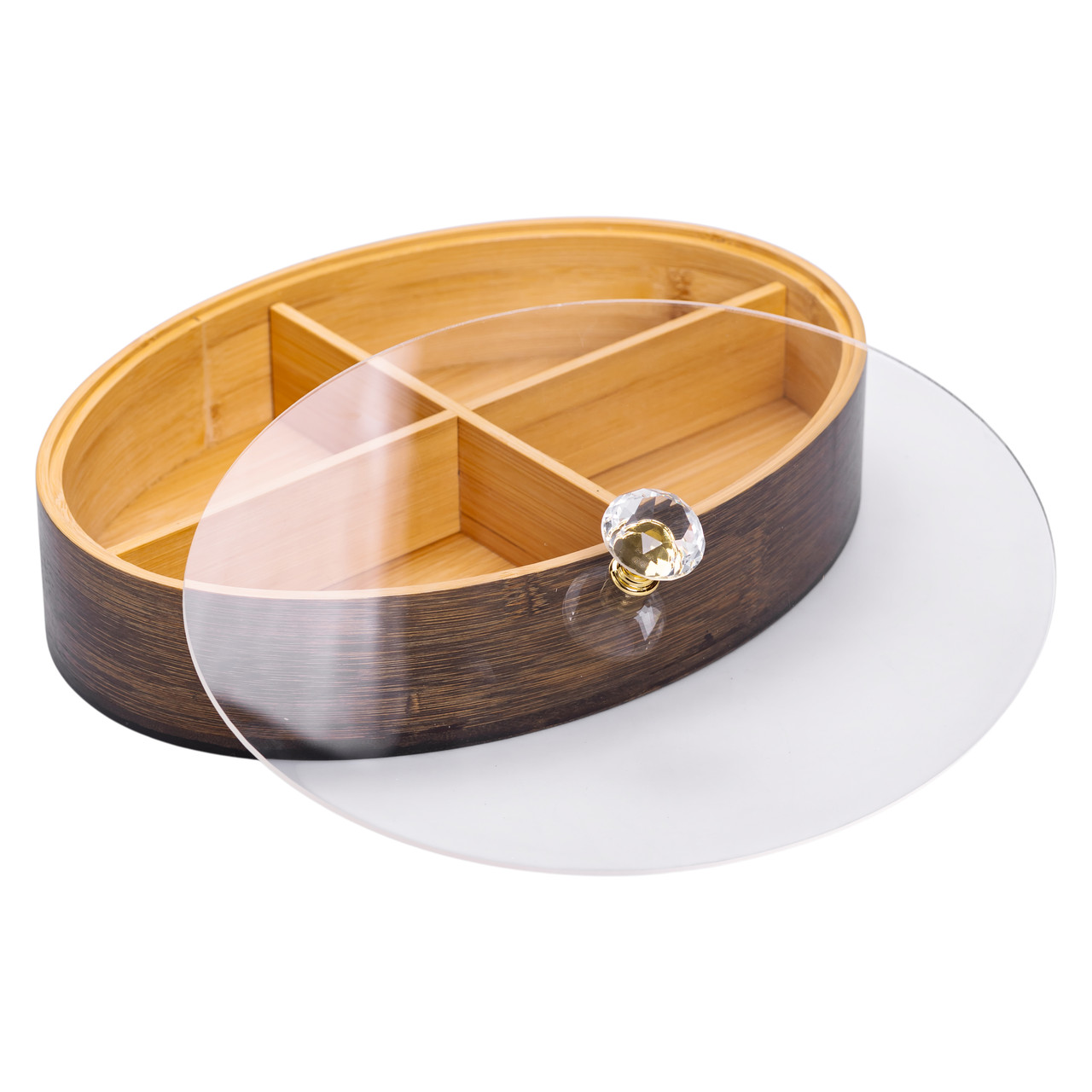 Менажниця дерев'яна на 4 секції зі скляною кришкою для закусок овальна HB-40-8