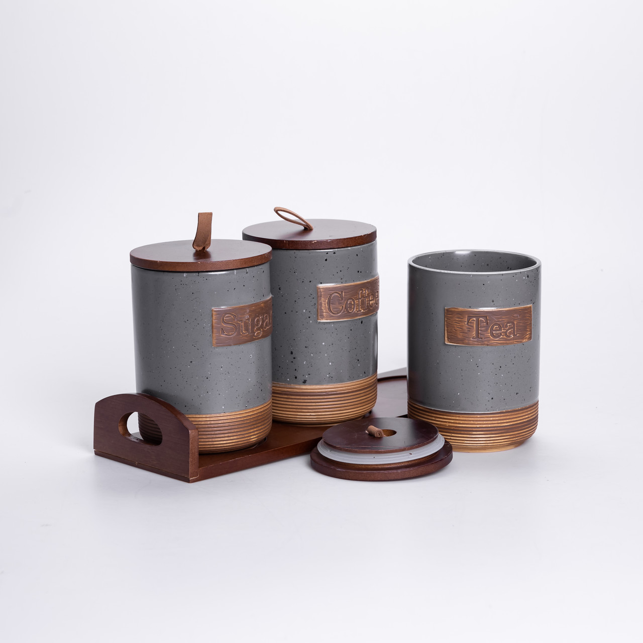 Набір порцелянових банок для сипучих 3 шт по 800 мл з кришками Сірий HP-26-1G