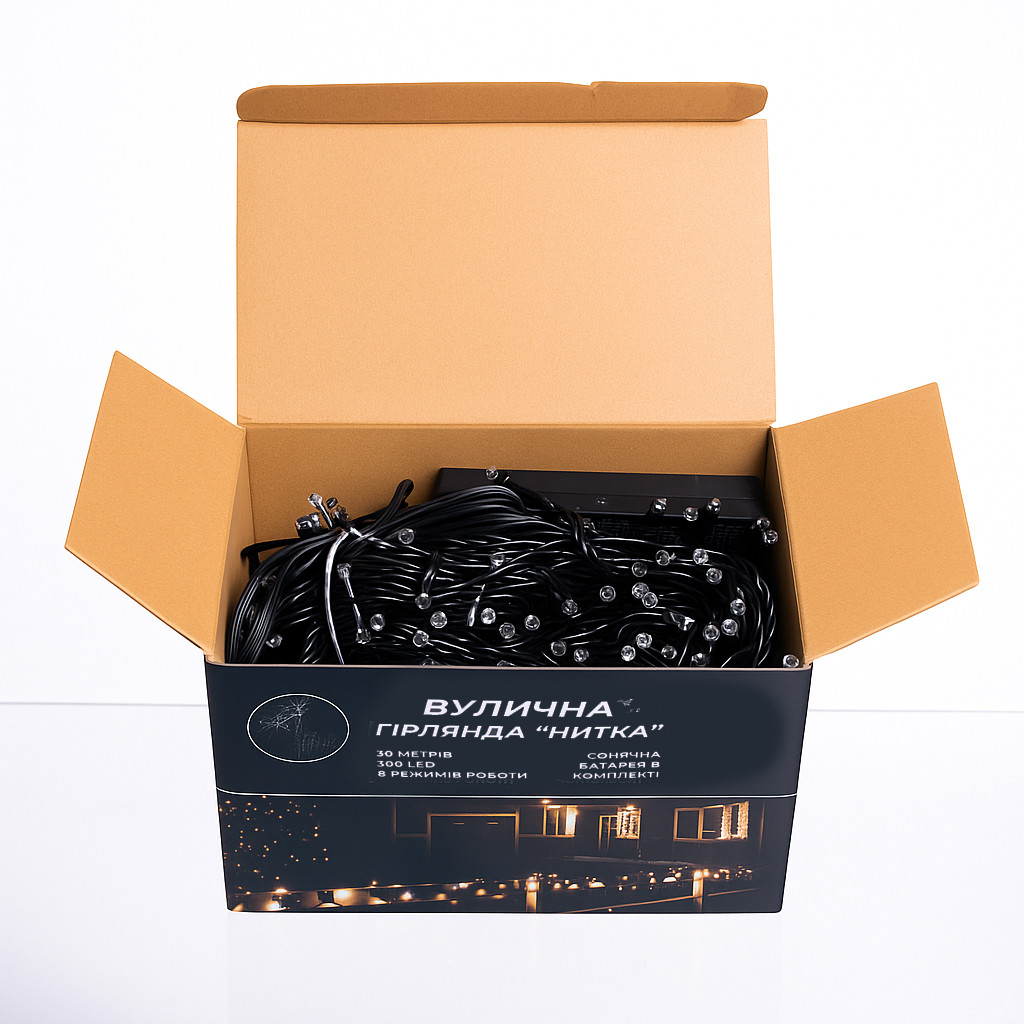 Новорічна гірлянда вулична 30 м 300 LED з сонячною батареєю чорний провід Мультиколір SB300L30MBML