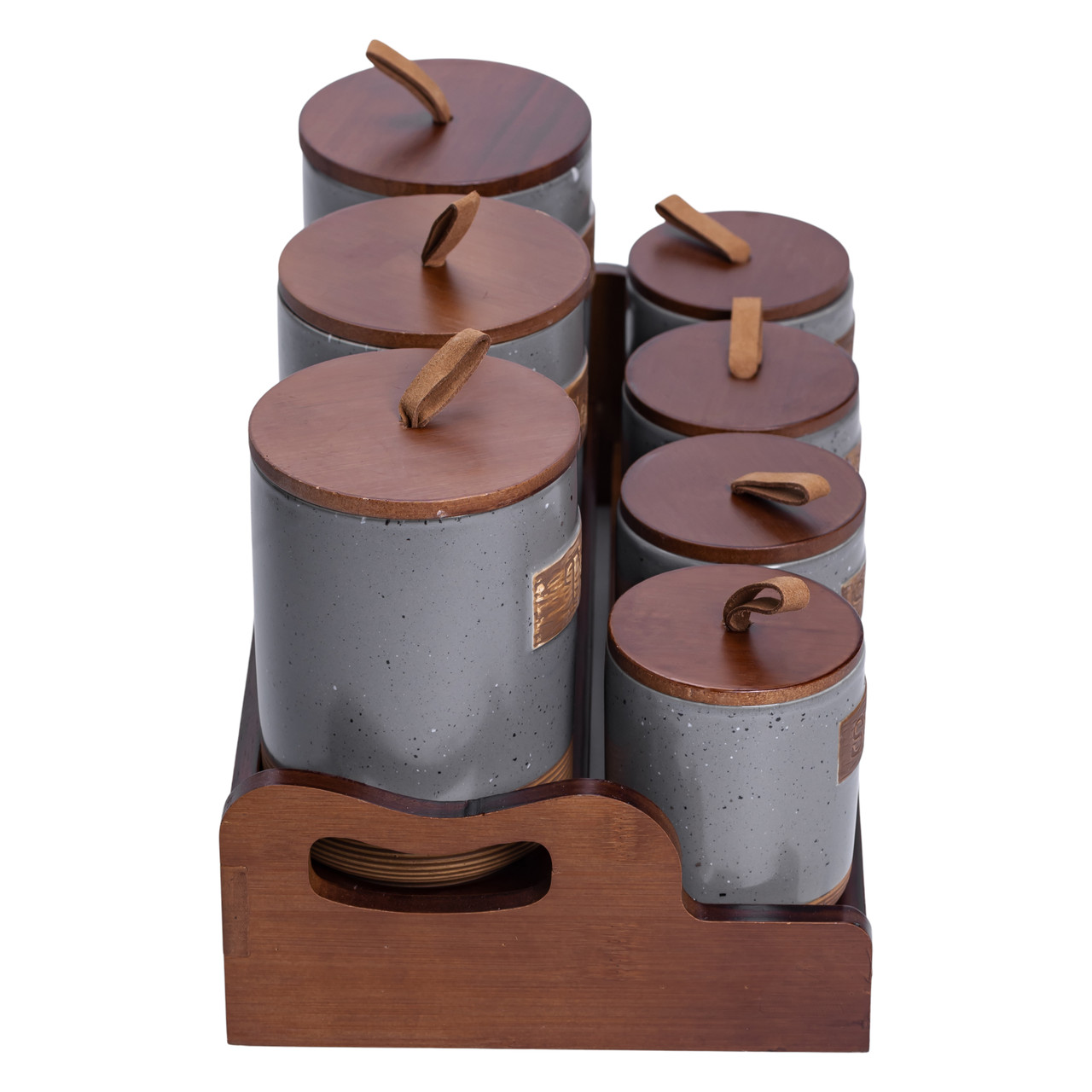 Банки для сипучих продуктів набір 9 штук на бамбуковій підставці з кришками 36.5×20.5×22 см Сірий HP-26-2G