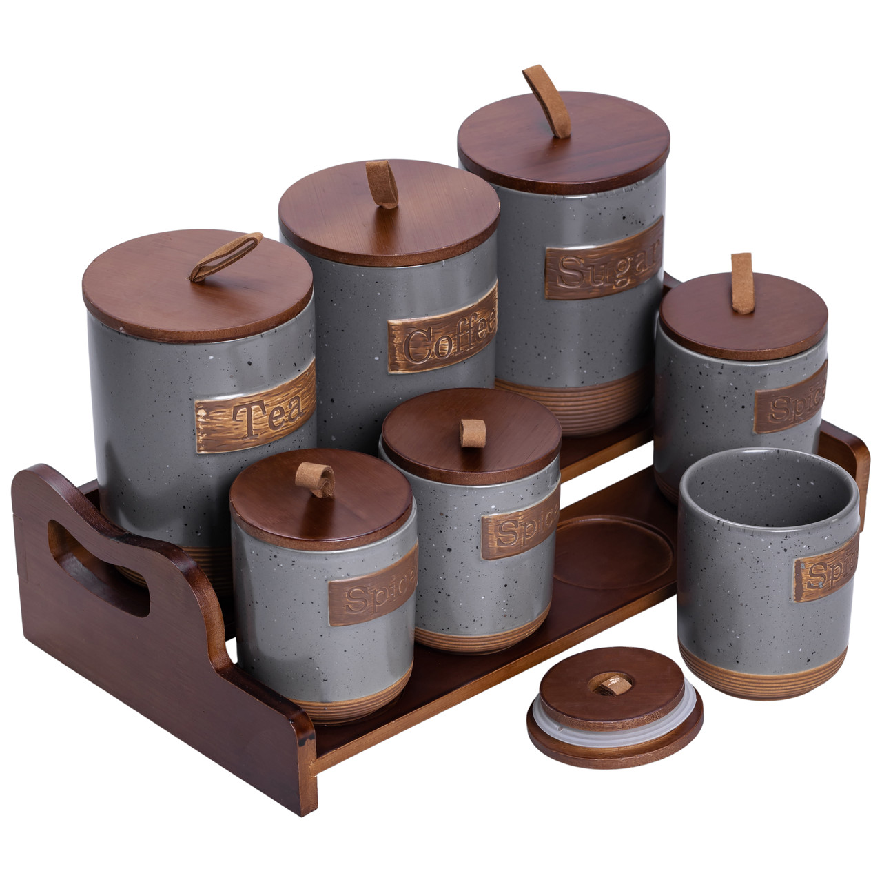 Банки для сипучих продуктів набір 9 штук на бамбуковій підставці з кришками 36.5×20.5×22 см Сірий HP-26-2G