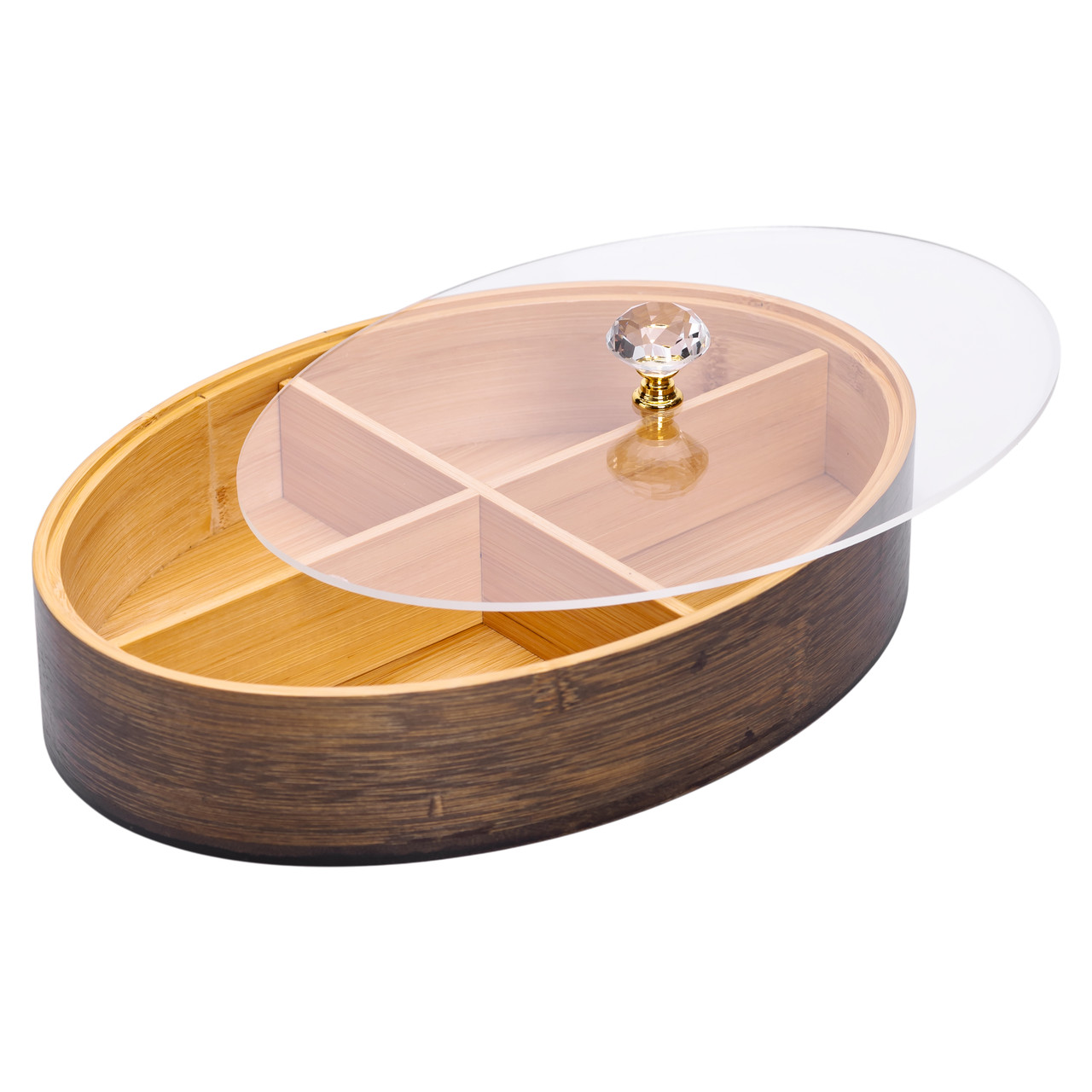 Менажниця дерев'яна на 4 секції зі скляною кришкою для закусок овальна HB-40-8