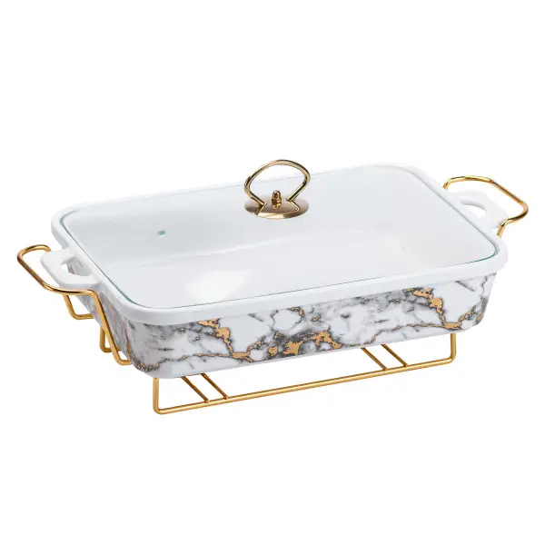 Настільна мармітниця 2 літра марміт прямокутний порцелянаовий 40х23х11 см для других страв Мармур HP1033