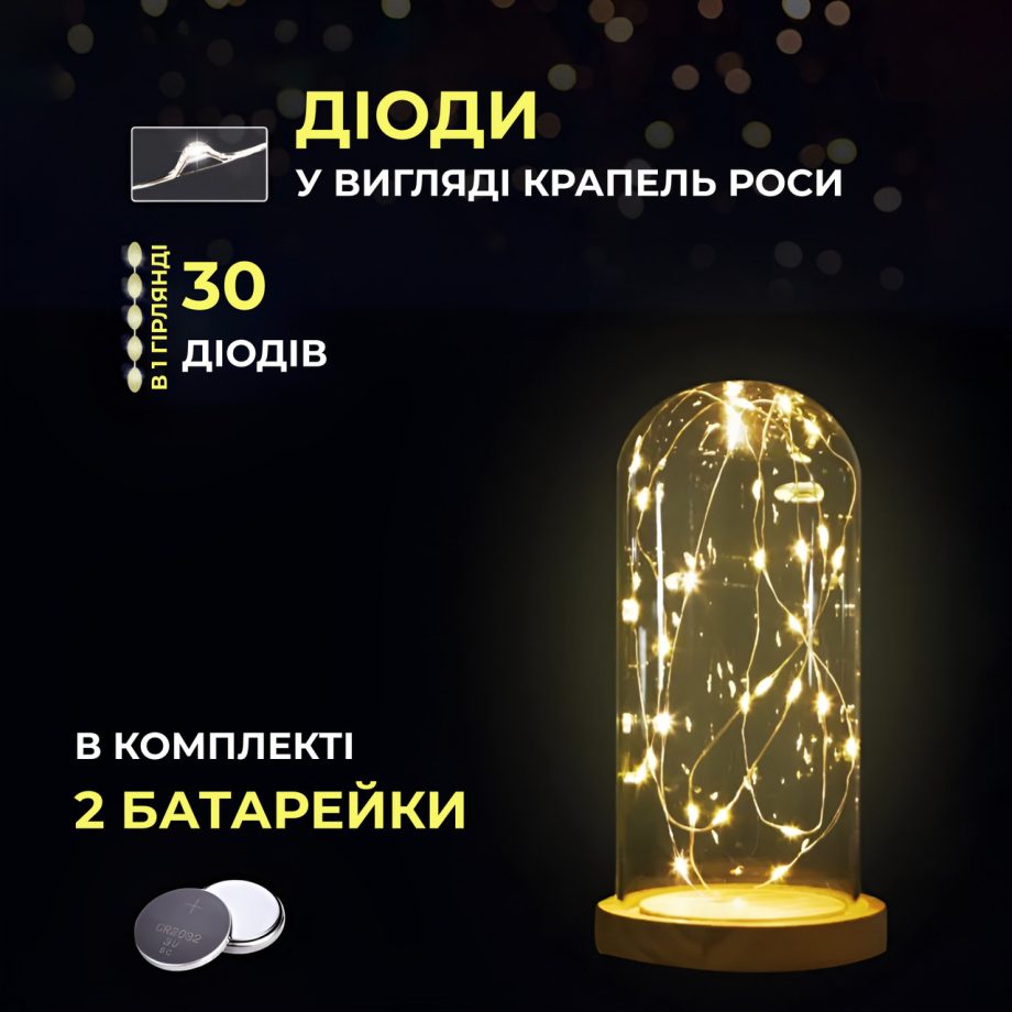 Світлодіодна гірлянда Роса 3 метри на батарейках 30 led нитка на білому дроті жовта 30L3MWY