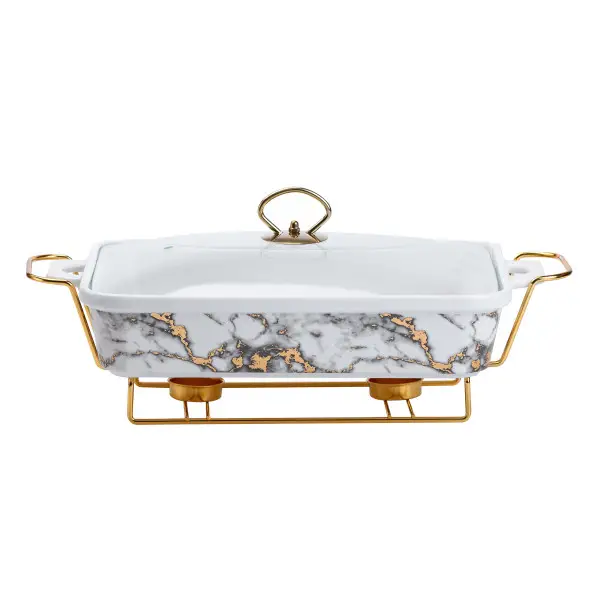 Настільна мармітниця 2 літра марміт прямокутний порцелянаовий 40х23х11 см для других страв Мармур HP1033