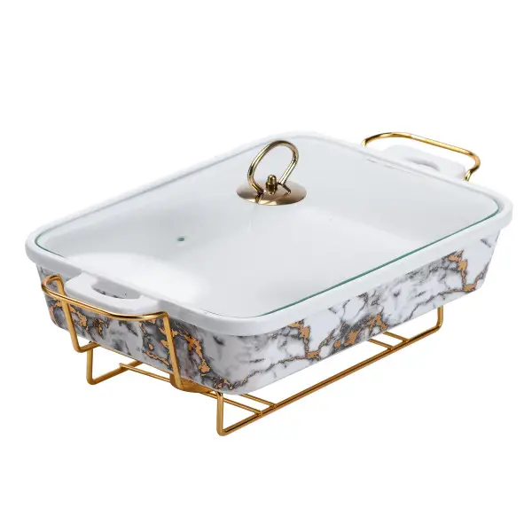 Настільна мармітниця 2 літра марміт прямокутний порцелянаовий 40х23х11 см для других страв Мармур HP1033