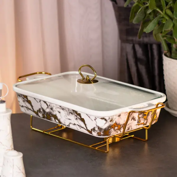 Настільна мармітниця 2 літра марміт прямокутний порцелянаовий 40х23х11 см для других страв Мармур HP1033