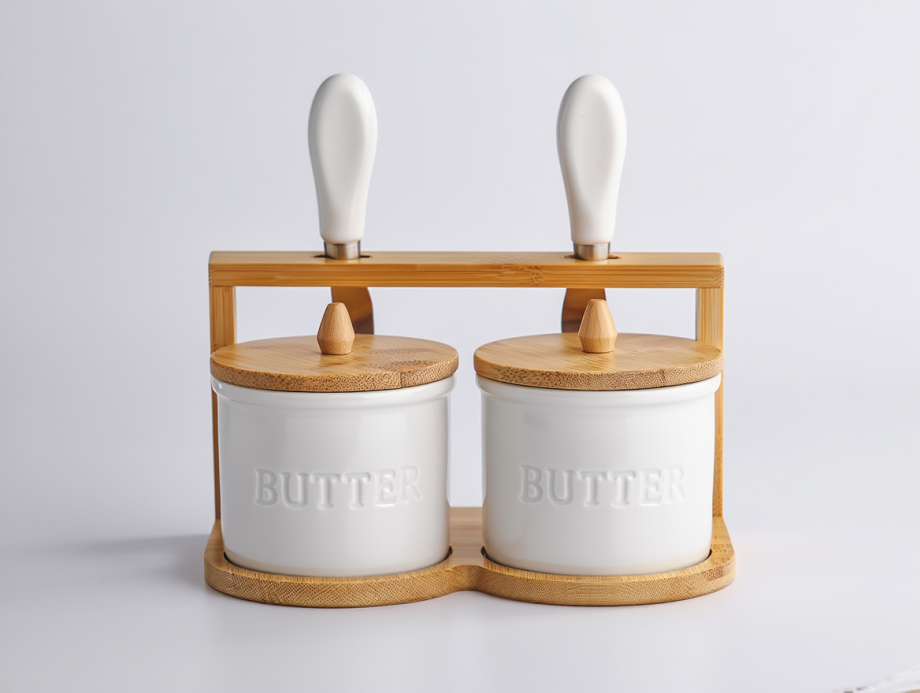 Набір маслянок для вершкового масла 2 (шт) з ножами 2 (шт) на бамбуковій підставці SCT-641