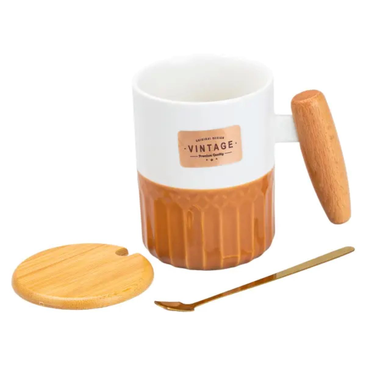 Чашка порцелянова з бамбуковою кришкою та ручкою 400 мл Коричнева HP7204BR