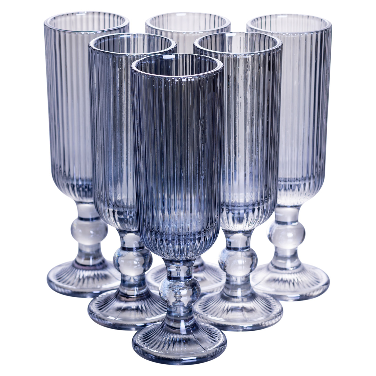 Келих для шампанського фігурний прозорий ребристий з товстого скла набір 6 шт Блакитний HP7116BL