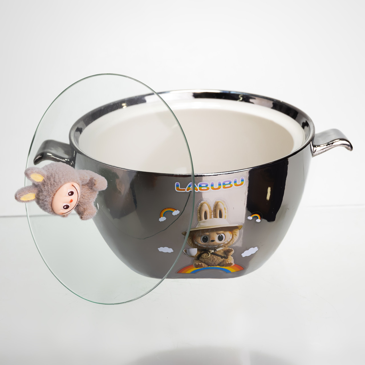 Бульйонниця порцелянова Labubu з кришкою та ручками 800 (мл) Ø15 (см) дитяча тарілка для супу та локшини Сріблястий з коричневим FM-34B