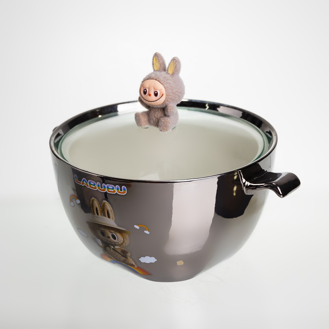 Бульйонниця порцелянова Labubu з кришкою та ручками 800 (мл) Ø15 (см) дитяча тарілка для супу та локшини Сріблястий з коричневим FM-34B