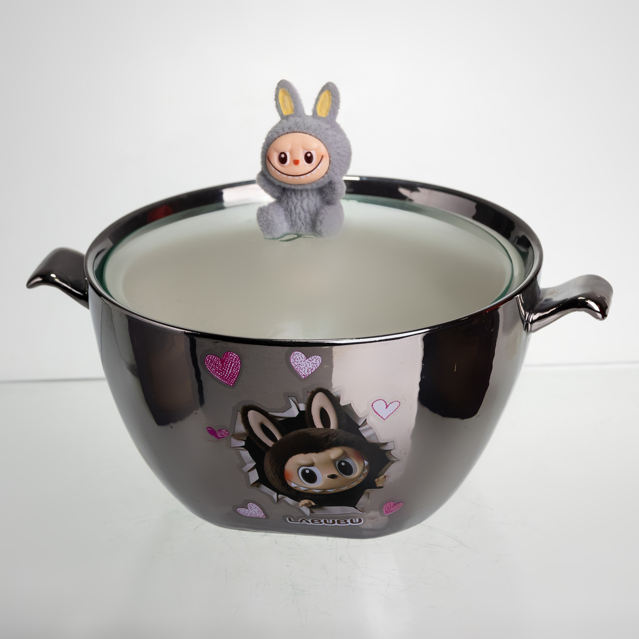 Бульйонниця порцелянова Labubu з кришкою та ручками 800 (мл) Ø15 (см) дитяча тарілка для супу та локшини Сріблястий з сірим FM-34A