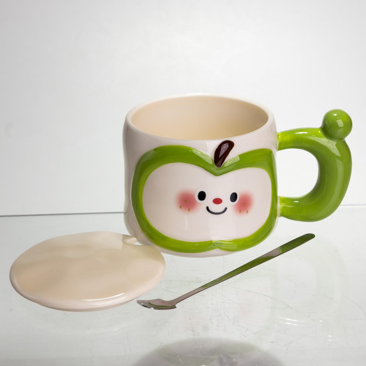 Чашка порцелянова 400 (мл) з кришкою та ложкою, оригінальна кружка на подарунок чашка для дітей Зелений FM-25A