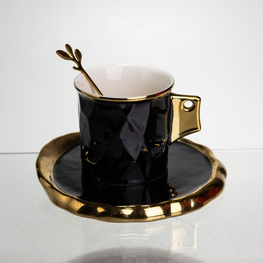 Чашка порцелянова для кави 200 (мл) з блюдцем і ложкою, гарна чашка в подарунок Чорний із золотом FM-1A