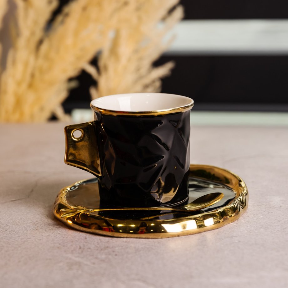 Чашка порцелянова для кави 200 (мл) з блюдцем і ложкою, гарна чашка в подарунок Чорний із золотом FM-1A