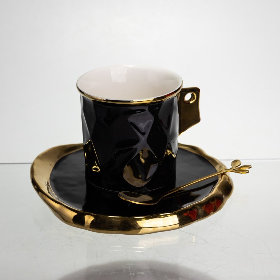 Чашка порцелянова для кави 200 (мл) з блюдцем і ложкою, гарна чашка в подарунок Чорний із золотом FM-1A
