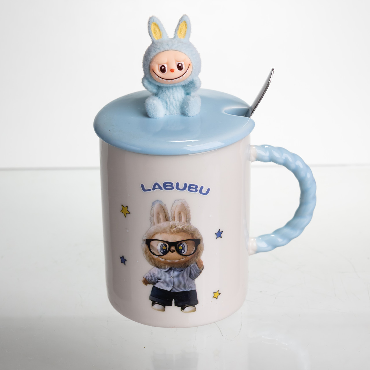 Чашка порцелянова з кришкою і ложкою Labubu 400 (мл) подарункова кружка прикольна чашка для дітей на подарунок Блакитний FM-35B