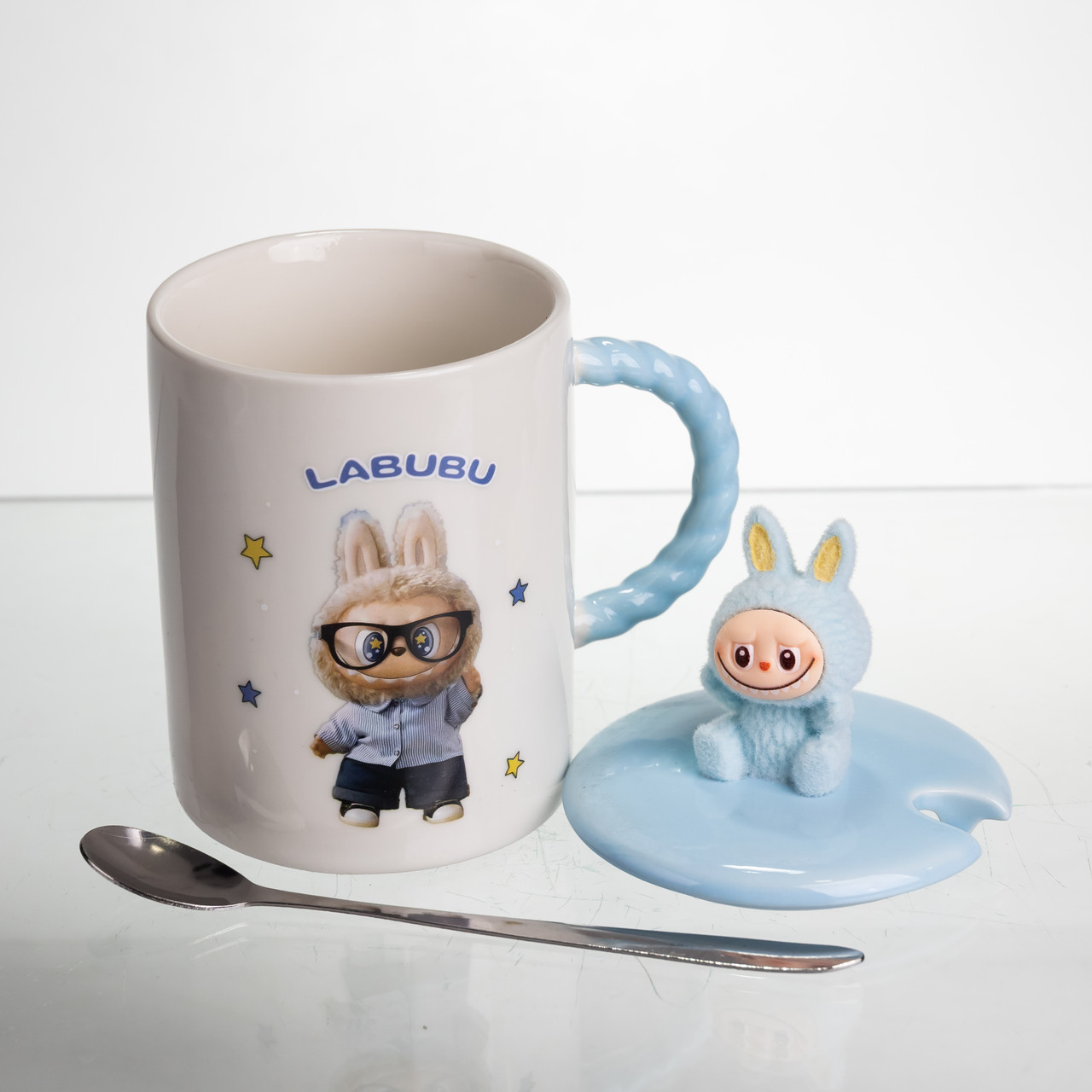 Чашка порцелянова з кришкою і ложкою Labubu 400 (мл) подарункова кружка прикольна чашка для дітей на подарунок Блакитний FM-35B