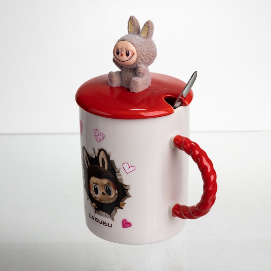 Кубок порцелянова з кришкою і ложкою Labubu 400 (мл) подарункова кружка прикольна чашка для дітей на подарунок Червоний FM-35D
