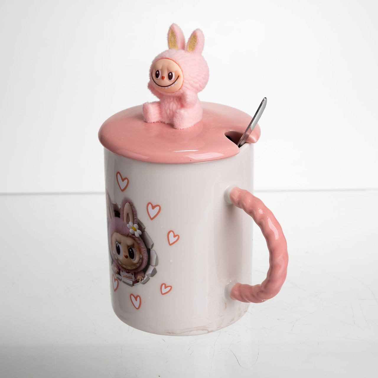 Кубок порцелянова з кришкою і ложкою Labubu 400 (мл) подарункова кружка прикольна чашка для дітей на подарунок Рожевий FM-35C