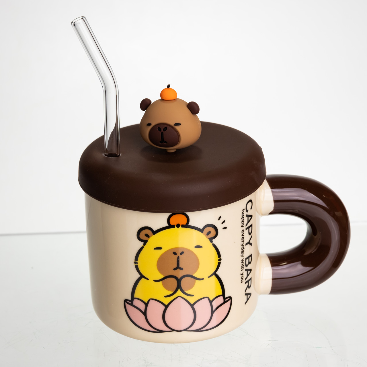 Кубок порцелянова з кришкою та трубочкою Капібара в лотосі 300 (мл) подарункова кружка прикольна чашка для дітей на подарунок FM-27B