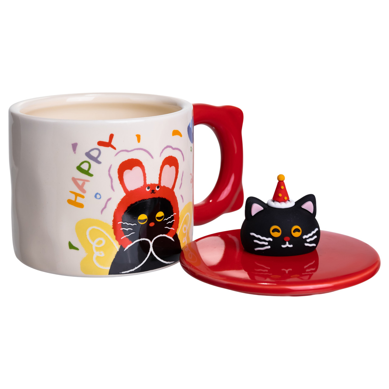 Кубок порцелянова з кришкою Kitten's Birthday 400 (мл) подарункова кружка прикольна чашка для дітей на подарунок Червоний FM-24D