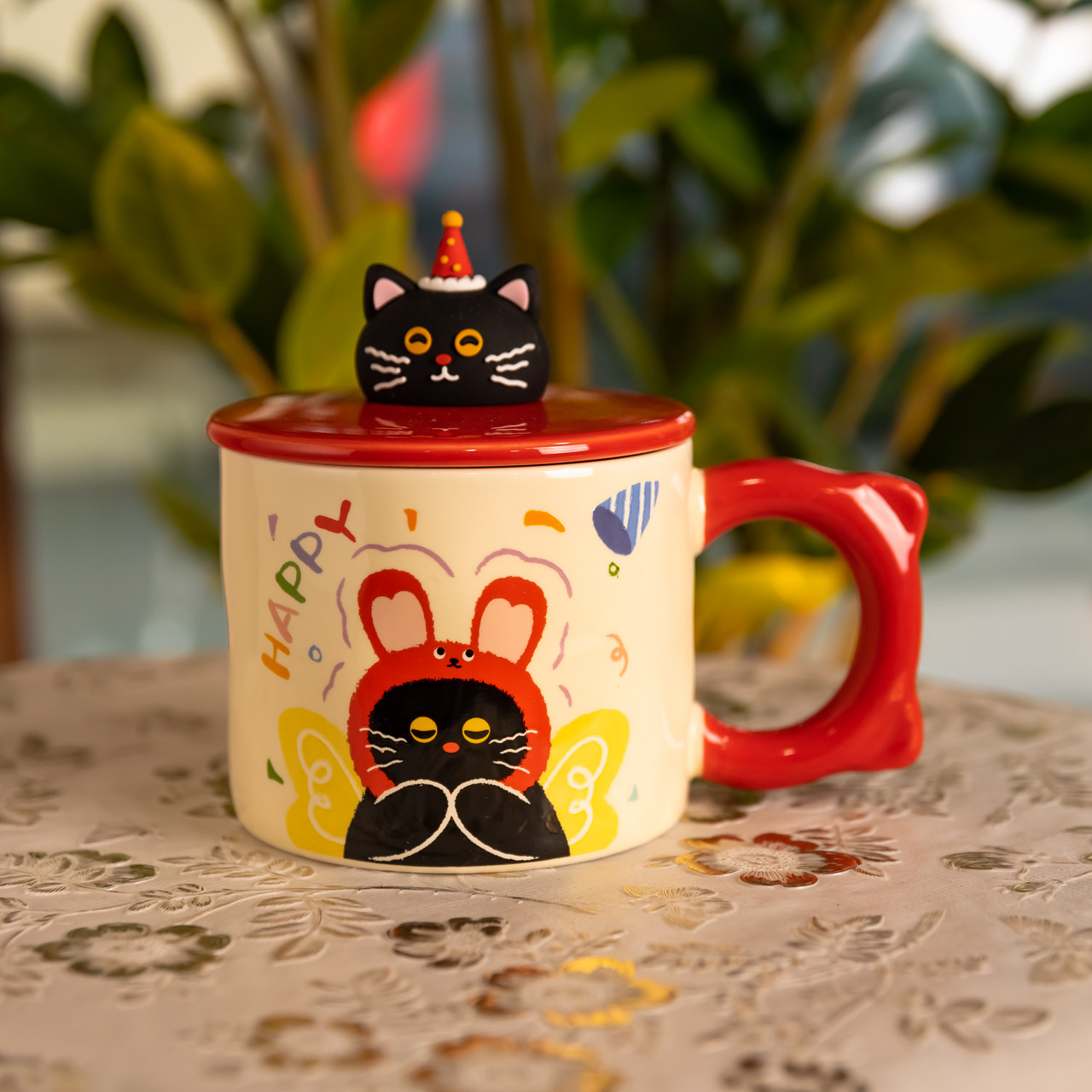 Кубок порцелянова з кришкою Kitten's Birthday 400 (мл) подарункова кружка прикольна чашка для дітей на подарунок Рожевий FM-24C