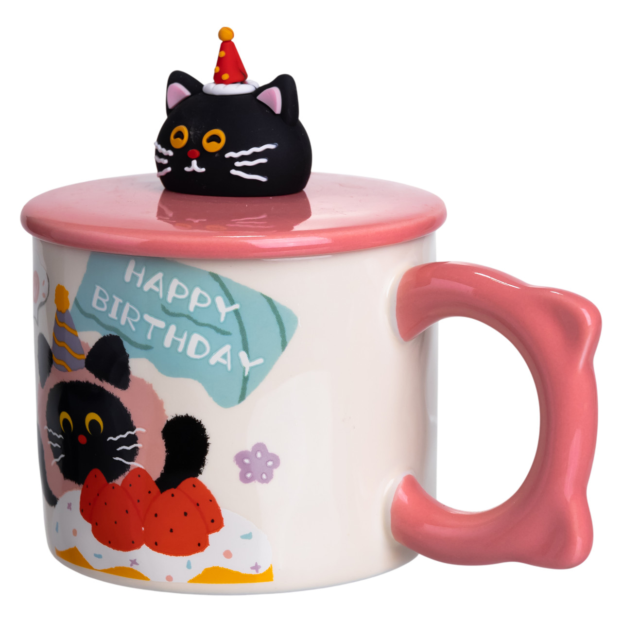 Кубок порцелянова з кришкою Kitten's Birthday 400 (мл) подарункова кружка прикольна чашка для дітей на подарунок Рожевий FM-24C