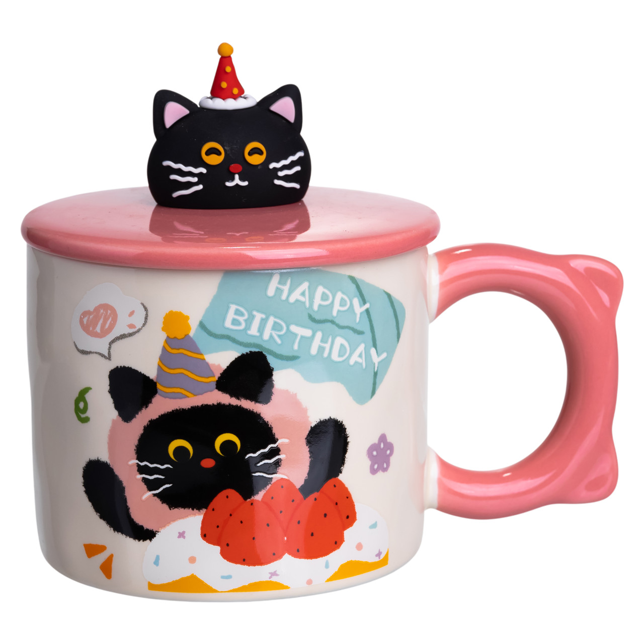 Кубок порцелянова з кришкою Kitten's Birthday 400 (мл) подарункова кружка прикольна чашка для дітей на подарунок Рожевий FM-24C